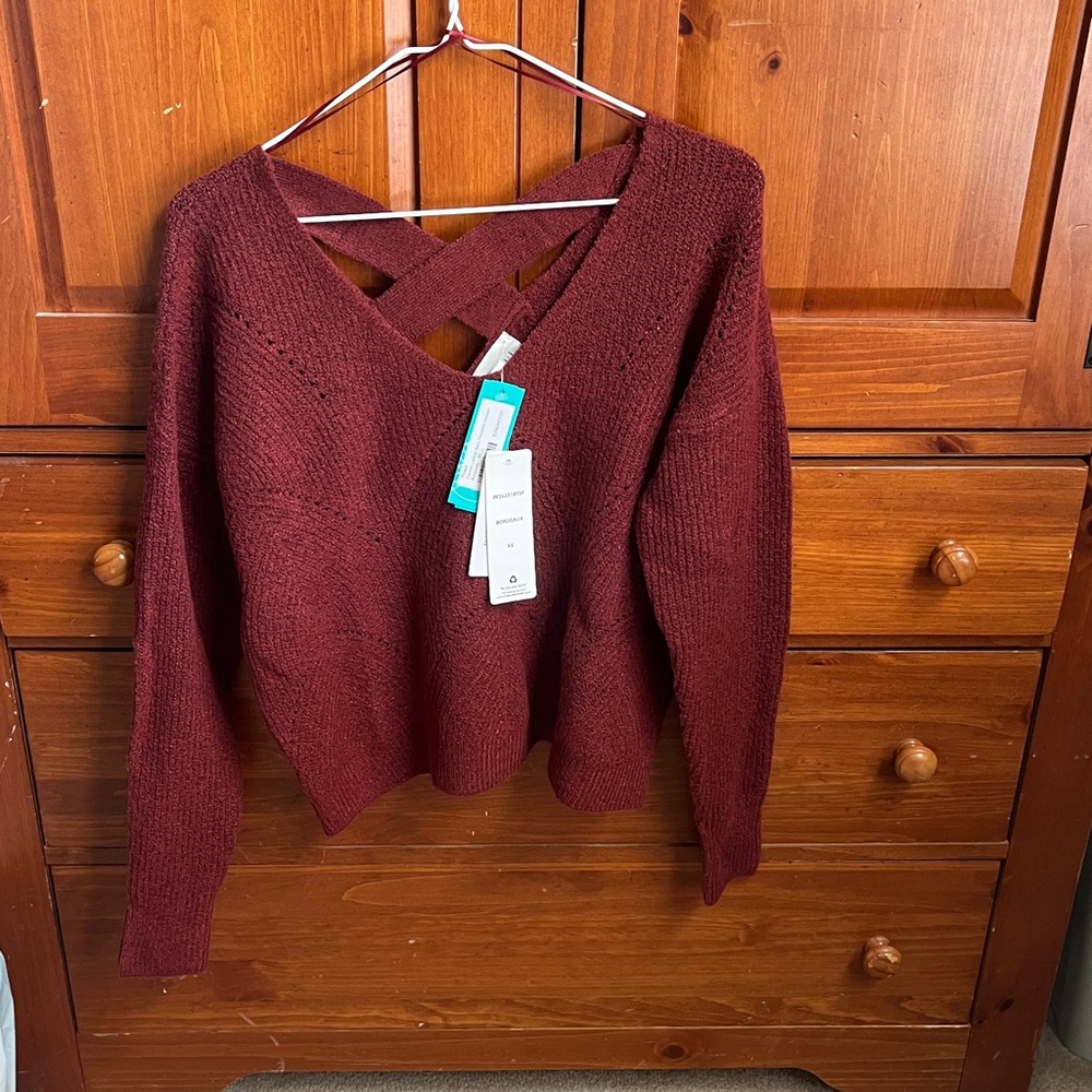 NWT Pinque size xs Burgundy Knit Sweater with Cross Back stitch fix